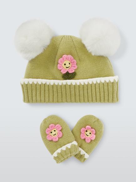 John Lewis Baby Flower Hat & Mittens Set, Green, Green