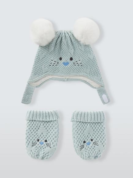 John Lewis Baby Bear Hat & Mittens Set, Blue, Blue