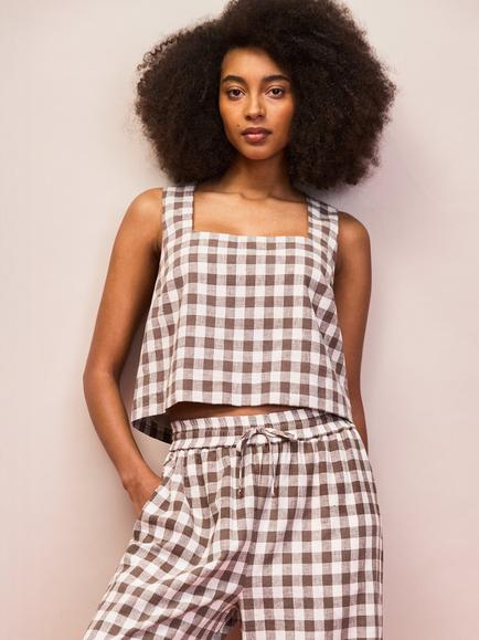 Ro&Zo Square Neck Gingham Linen Blend Top, Brown/White, Brown/White