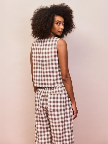 Ro&Zo Square Neck Gingham Linen Blend Top, Brown/White - view 2, Brown/White