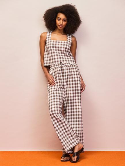 Ro&Zo Petite Gingham Linen Blend Trousers, Brown/White, Brown/White