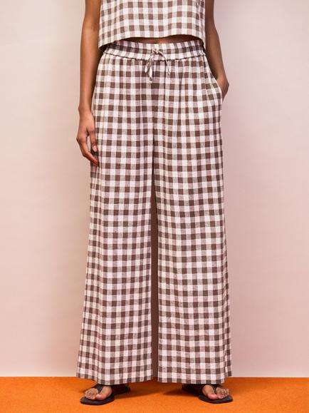 Ro&Zo Petite Gingham Linen Blend Trousers, Brown/White - view 2, Brown/White