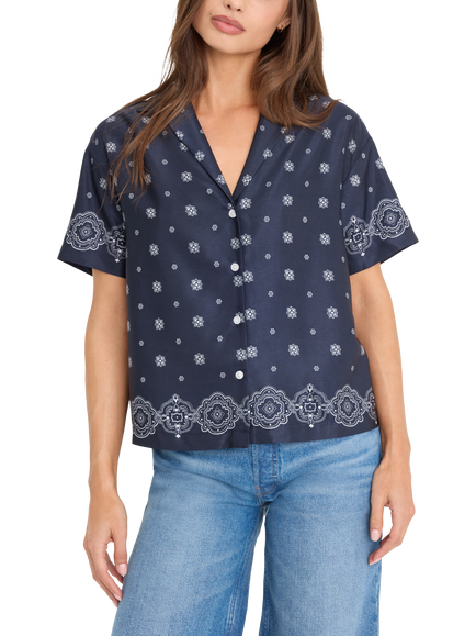 Good American Short Sleeve Notch Collar Paisley Shirt, Navy/White, Navy/White