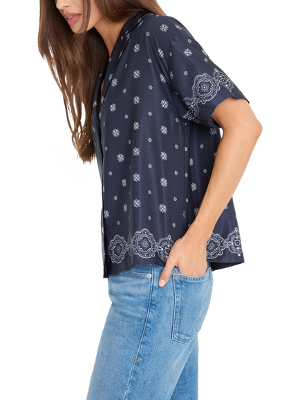 Good American Short Sleeve Notch Collar Paisley Shirt, Navy/White - view 2, Navy/White