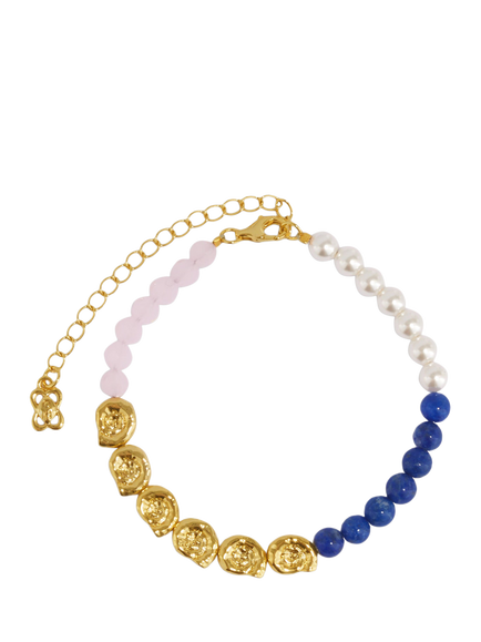 Ottoman Hands Waterproof Lapis and Pink Jade Beaded Bracelet, Gold, Gold