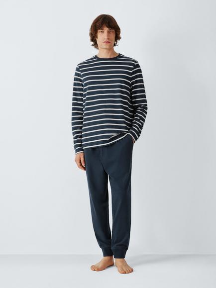 John Lewis Organic Cotton Jersey Stripe Pyjama Set, Blue Navy