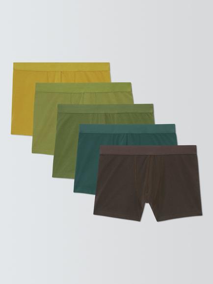 John Lewis Stretch Cotton Plain Trunks, Pack of 5, Green Mid, Green Mid