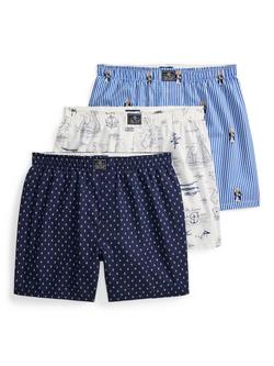 Ralph Lauren Cotton Woven Boxer Shorts, Pack of 3, Blue Multi Blue, Blue Multi Blue