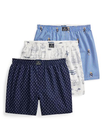 Ralph Lauren Cotton Woven Boxer Shorts, Pack of 3, Blue Multi Blue, Blue Multi Blue