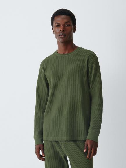 John Lewis GOTS Organic Cotton Rich Waffle Lounge Top, Green Olive - view 2, Green Olive