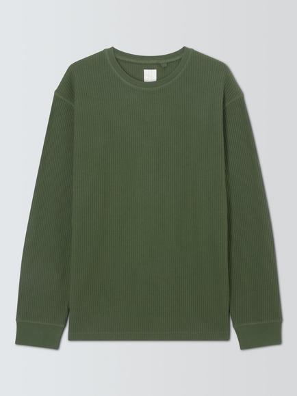John Lewis GOTS Organic Cotton Rich Waffle Lounge Top, Green Olive, Green Olive