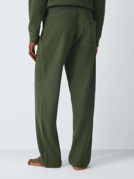 John Lewis GOTS Organic Cotton Rich Waffle Lounge Trousers, Green Olive - view 2, Green Olive