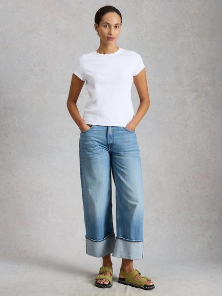 White Stuff Aida Scalloped Crew Neck T-Shirt, White, White