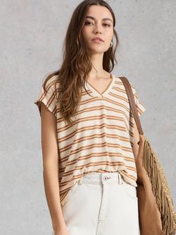 White Stuff Ella V-Neck Stripe Linen Blend T-Shirt, Brown, Brown