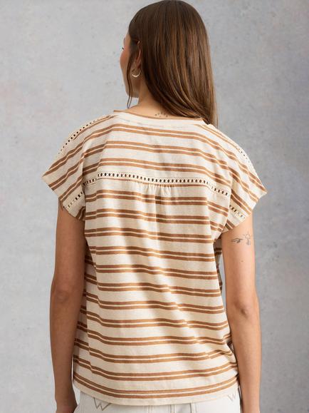 White Stuff Ella V-Neck Stripe Linen Blend T-Shirt, Brown - view 2, Brown