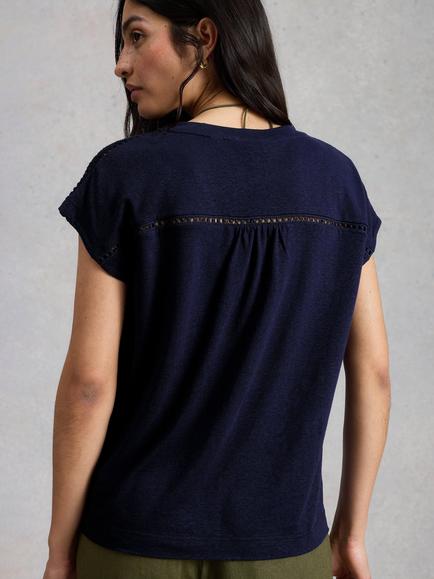 White Stuff Ella V-Neck Linen Blend T-Shirt, Midnight Blue - view 2, Midnight Blue