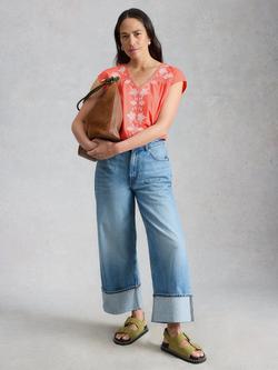 White Stuff Fliss Embroidered Floral Top, Coral, Coral