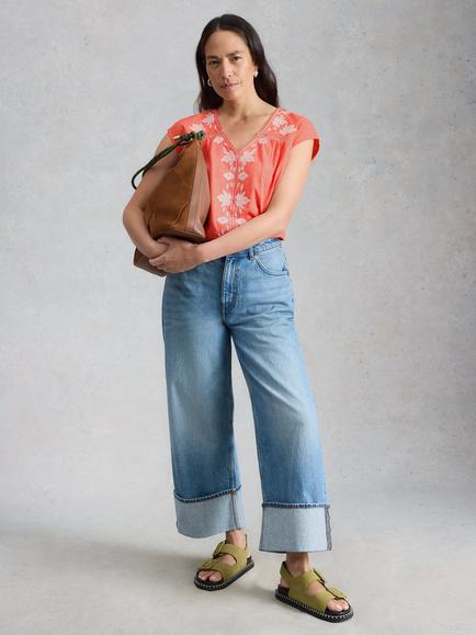 White Stuff Fliss Embroidered Floral Top, Coral, Coral