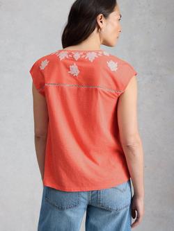 White Stuff Fliss Embroidered Floral Top, Coral - view 2, Coral