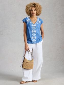 White Stuff Fliss Embroidered Floral Top, Blue, Blue