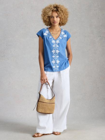 White Stuff Fliss Embroidered Floral Top, Blue, Blue