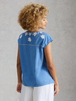 White Stuff Fliss Embroidered Floral Top, Blue - view 2, Blue