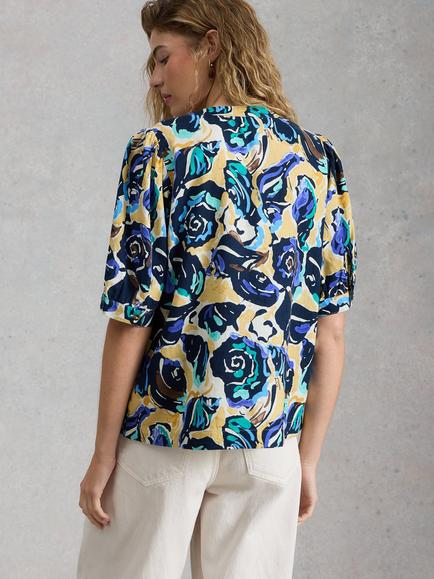 White Stuff Fern Linen Top, Navy/Multi - view 2, Navy/Multi