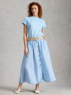 White Stuff Riley Button Front Linen Rich Skirt, Blue, Blue