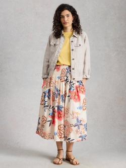 White Stuff Suri Floral Print Cotton Midi Skirt, Ivory/Multi, Ivory Multi