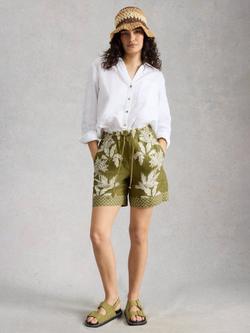 White Stuff Belle Floral Pure Linen Shorts, Green, Green