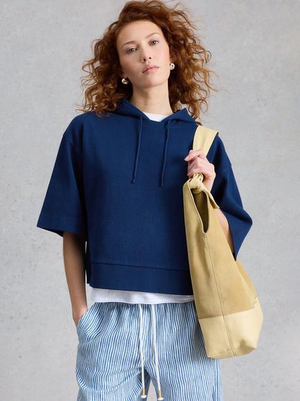 White Stuff Herringbone Elbow Sleeve Hoodie, Navy, Navy