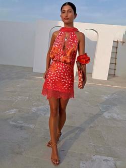 Never Fully Dressed Maeva Fawn Mini Skirt containing LENZING™ ECOVERO™ Viscose, Coral/Multi, Coral/Multi