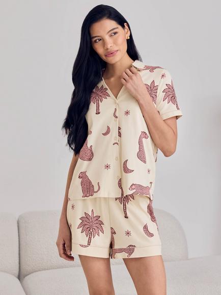 Chelsea Peers Midnight Leopard Button Down Short Pyjama Set, Off White/Pink, Off White/Pink