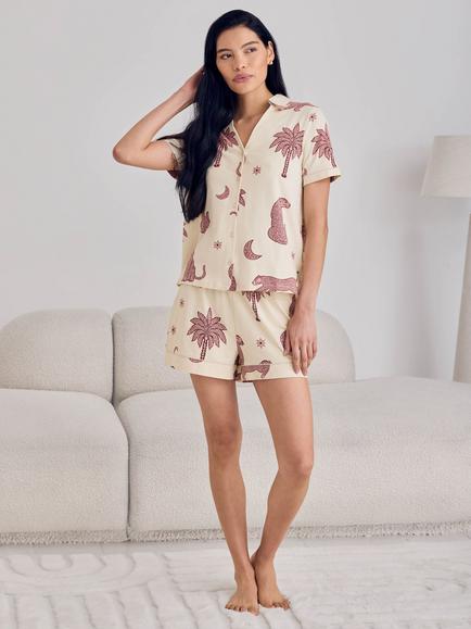 Chelsea Peers Midnight Leopard Button Down Short Pyjama Set, Off White/Pink - view 2, Off White/Pink