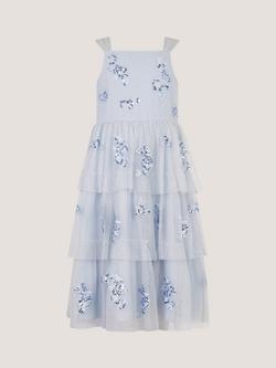 Monsoon Kids' Ingrid Tiered Sequin Flower Dress, Blue - view 2, Blue