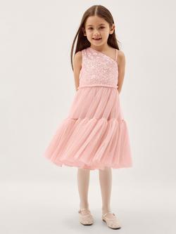 Monsoon Kids' Asymmetrical Sequin Tulle Party Dress, Pink, Pink
