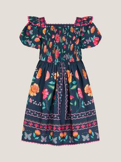 Monsoon Kids' Aurelia Floral Dress, Navy - view 2, Navy