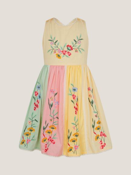Monsoon Kids' Camellia Sleeveless Floral Panel Dress, Yellow, Yellow