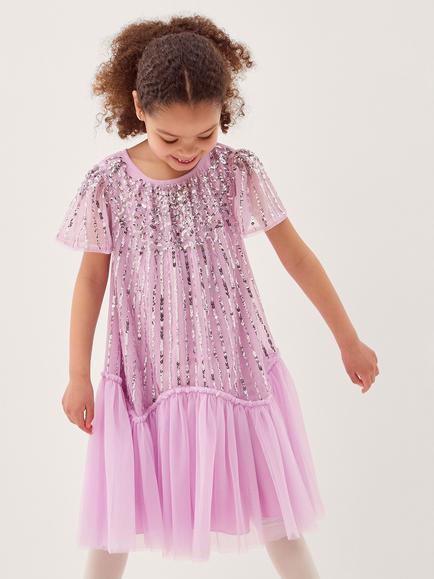 Monsoon Kids' Elena Flutter Sleeve Sequin Dress, Lilac, Lilac