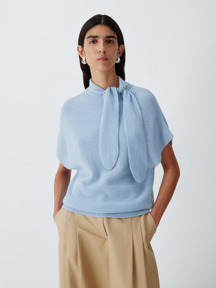 John Lewis Tie Neck Rib Wool Knit Tabard, Pale Blue, Pale Blue