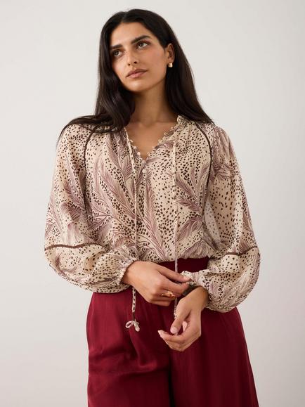 Mint Velvet Tie Neck Feather Print Blouse, Cream/Multi, Cream/Multi
