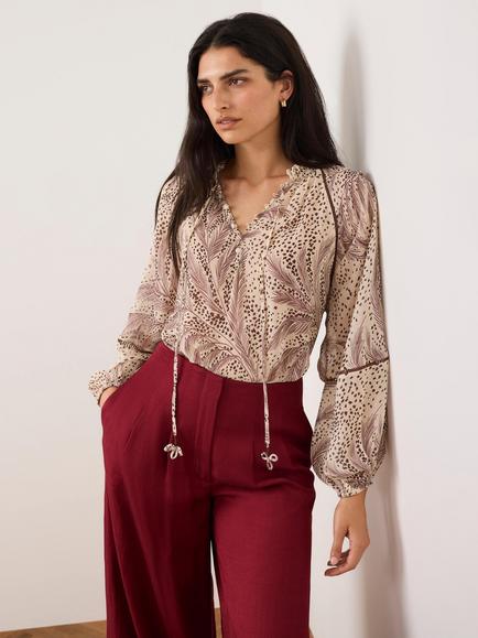 Mint Velvet Tie Neck Feather Print Blouse, Cream/Multi - view 2, Cream/Multi