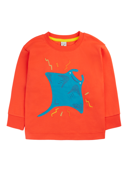 Frugi Kids' Otis Stingray Applique Circular Top, Papaya, Papaya