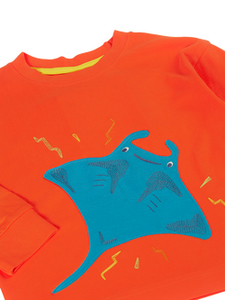 Frugi Kids' Otis Stingray Applique Circular Top, Papaya - view 2, Papaya
