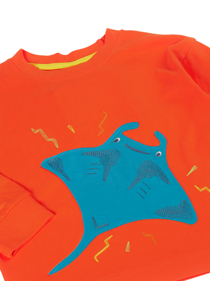 Frugi Kids' Otis Stingray Applique Circular Top, Papaya - view 2, Papaya