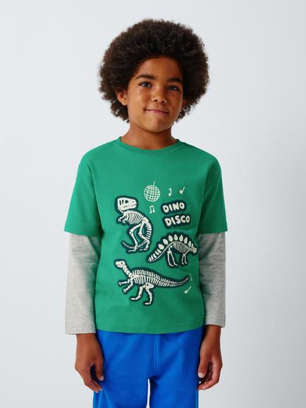 John Lewis Kids' Skeleton Dino Disco Long Sleeve Top, Golf Green, Golf Green