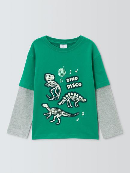 John Lewis Kids' Skeleton Dino Disco Long Sleeve Top, Golf Green, Golf Green