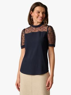 Adrianna Papell Floral Ruffle Neck Top, Navy, Navy
