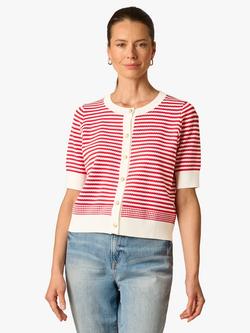 Adrianna Papell Stripe Short Sleeve Cardigan, Ivory/Red, Ivory/Red