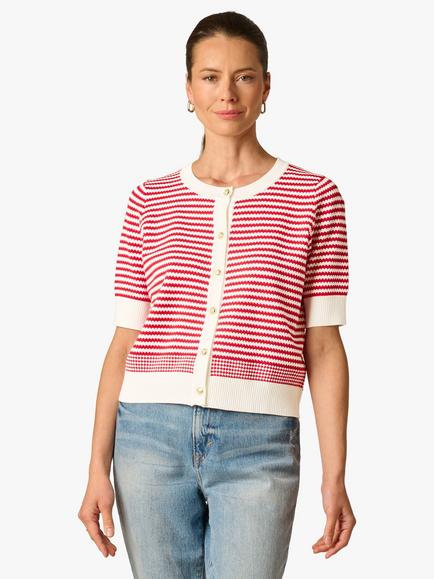 Adrianna Papell Stripe Short Sleeve Cardigan, Ivory/Red, Ivory/Red